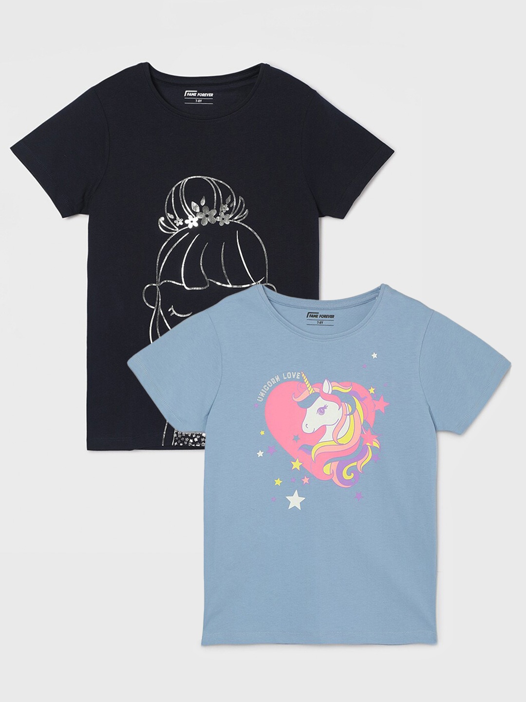 

Fame Forever by Lifestyle Girls Pack Of 2 Printed Cotton T-Shirts, Blue