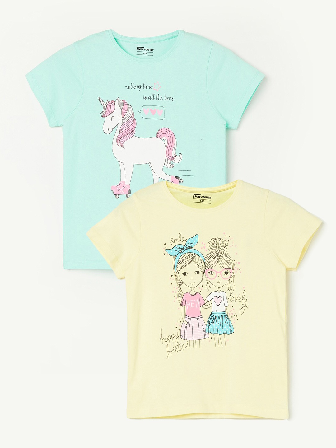 

Fame Forever by Lifestyle Girls Pack Of 2 Printed Pure Cotton T-Shirts, Yellow