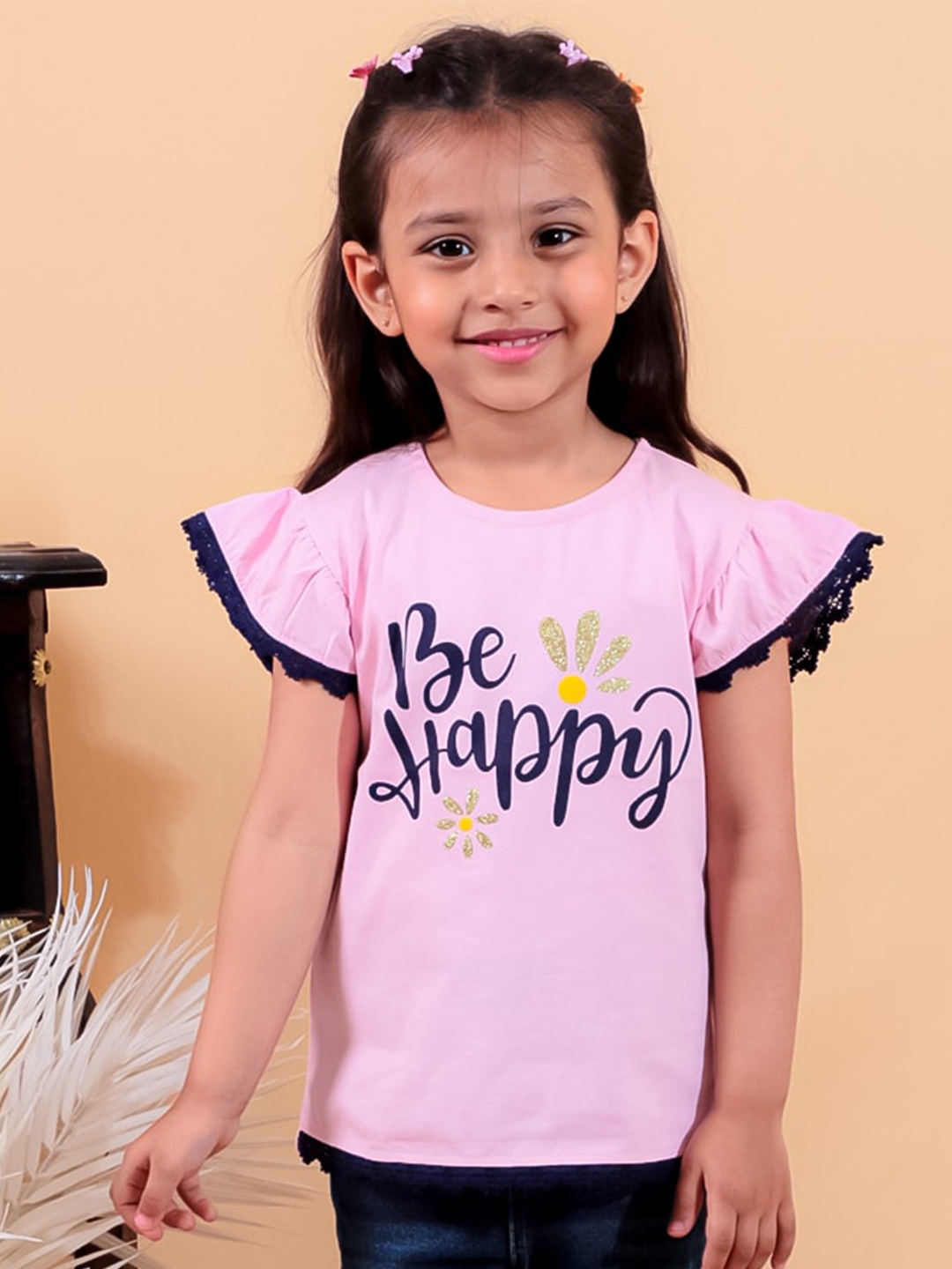 

JUNITOS Girls Typography Printed Flared Sleeves Cotton Regular-Fit T-shirt, Pink