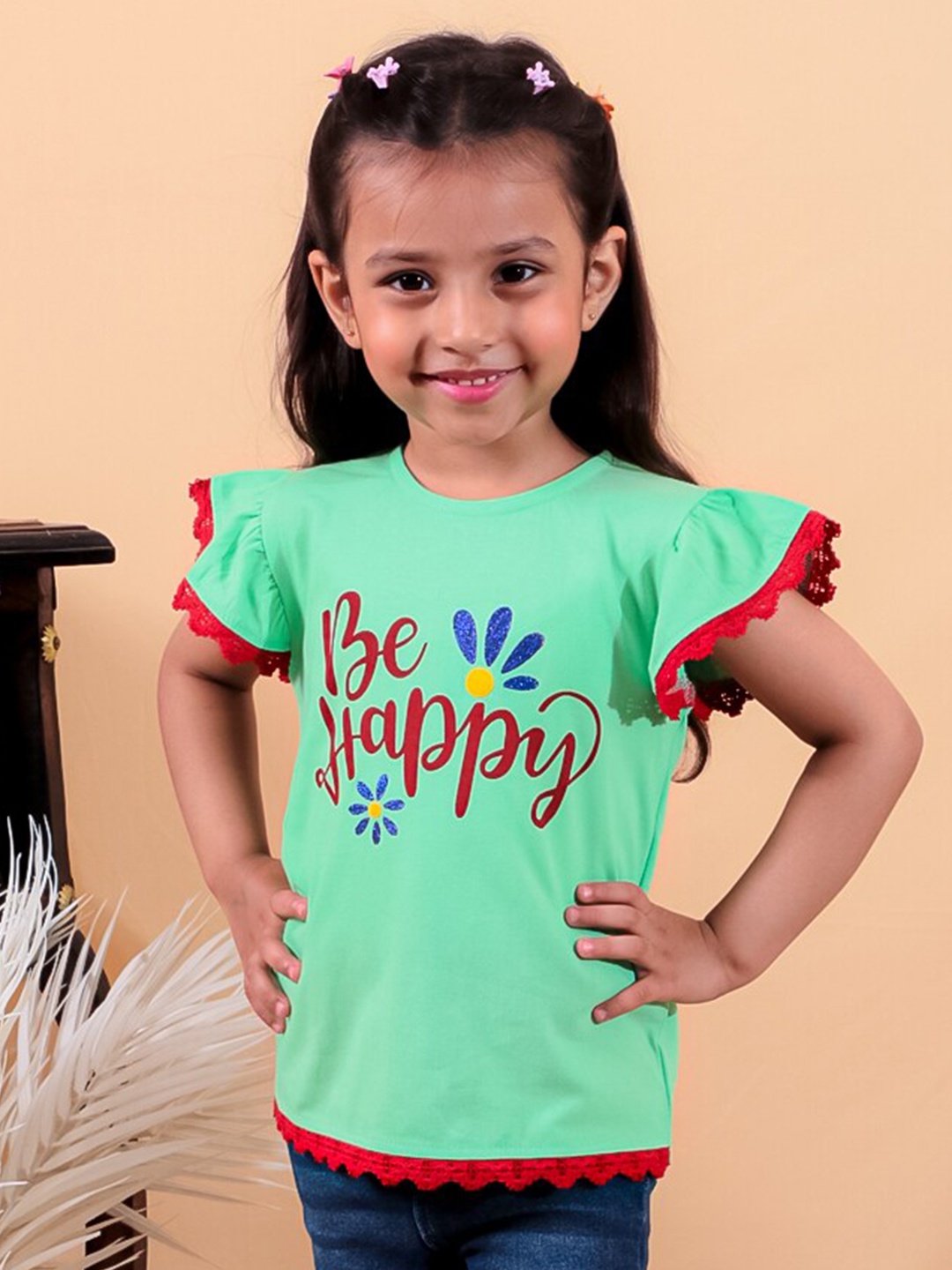 

JUNITOS Girls Typography Printed Cotton Flared Sleeves Regular-Fit T-shirt, Green