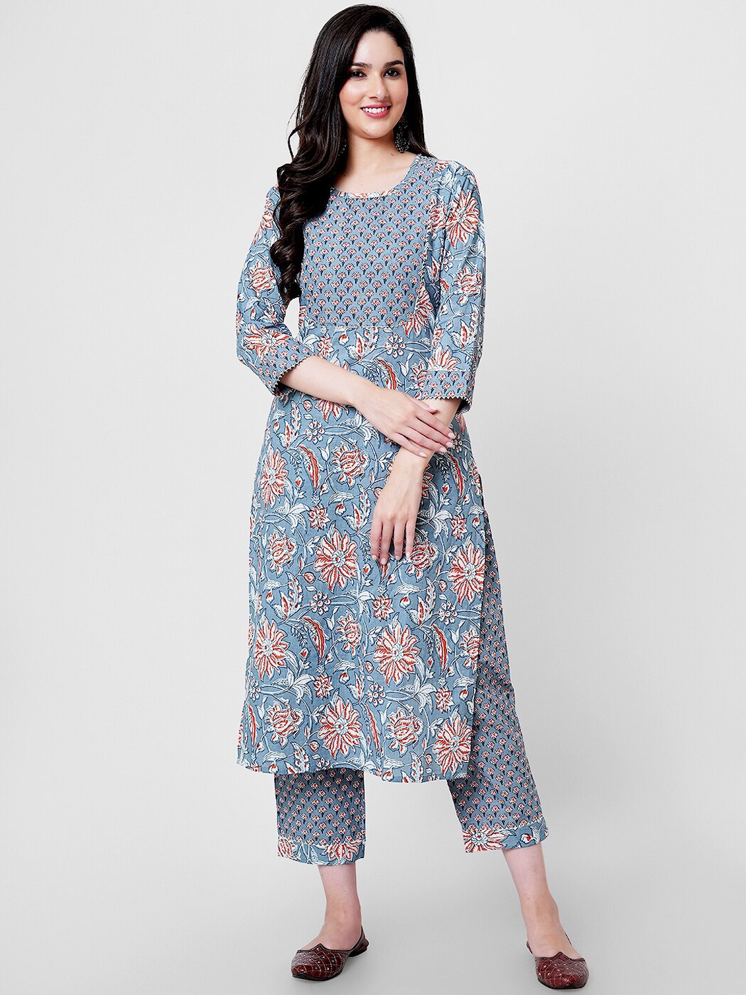 

JANAKDULARI CREATION Floral Printed Regular Pure Cotton Kurta with Palazzos & Dupatta, Grey