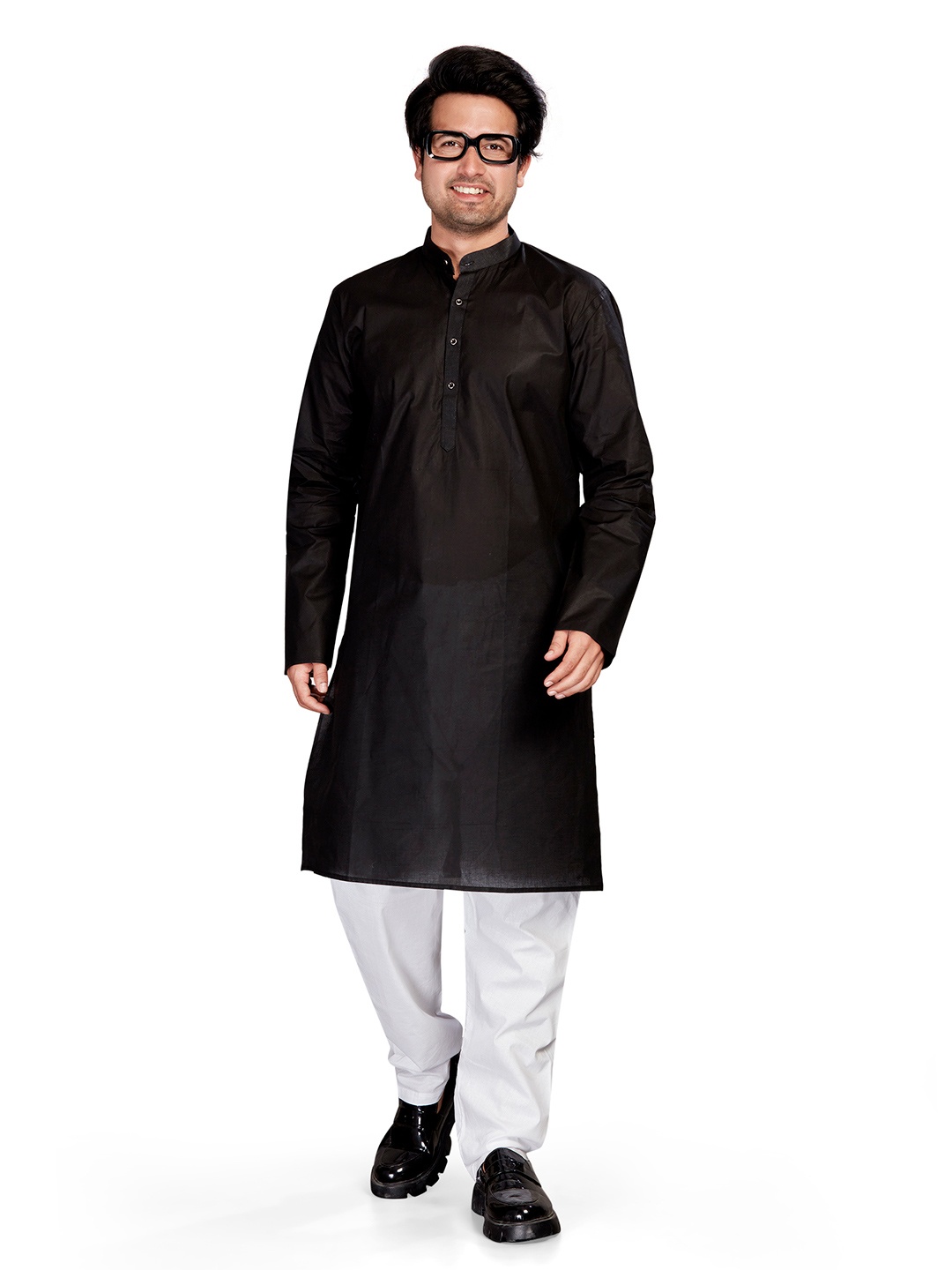 

Authentics Band Collar Long Sleeves Regular Fit Pure Cotton Pathani Kurta, Black