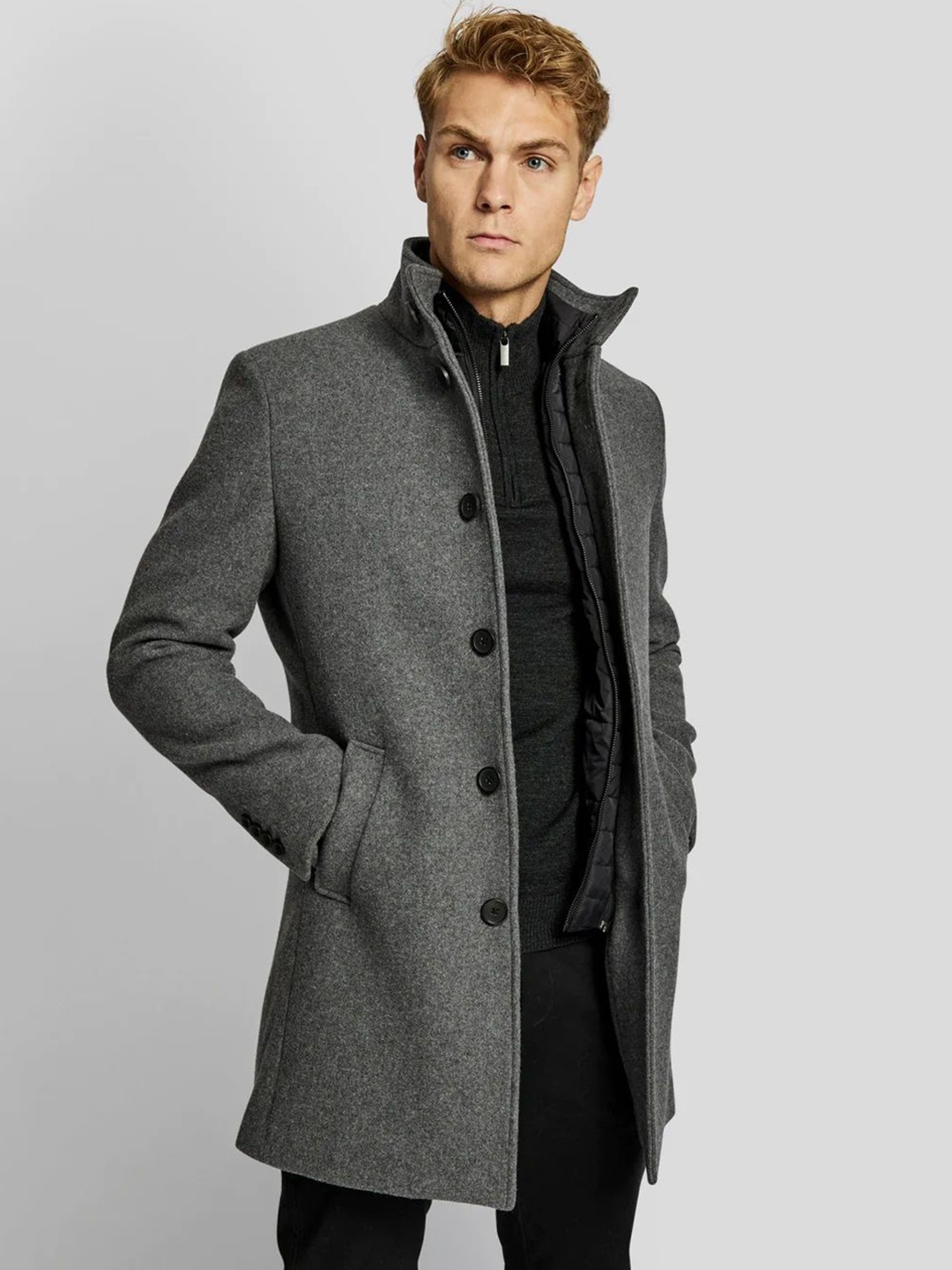 

Bruun & Stengade Stand Collar Slim-Fit Single-Breasted Overcoat, Grey