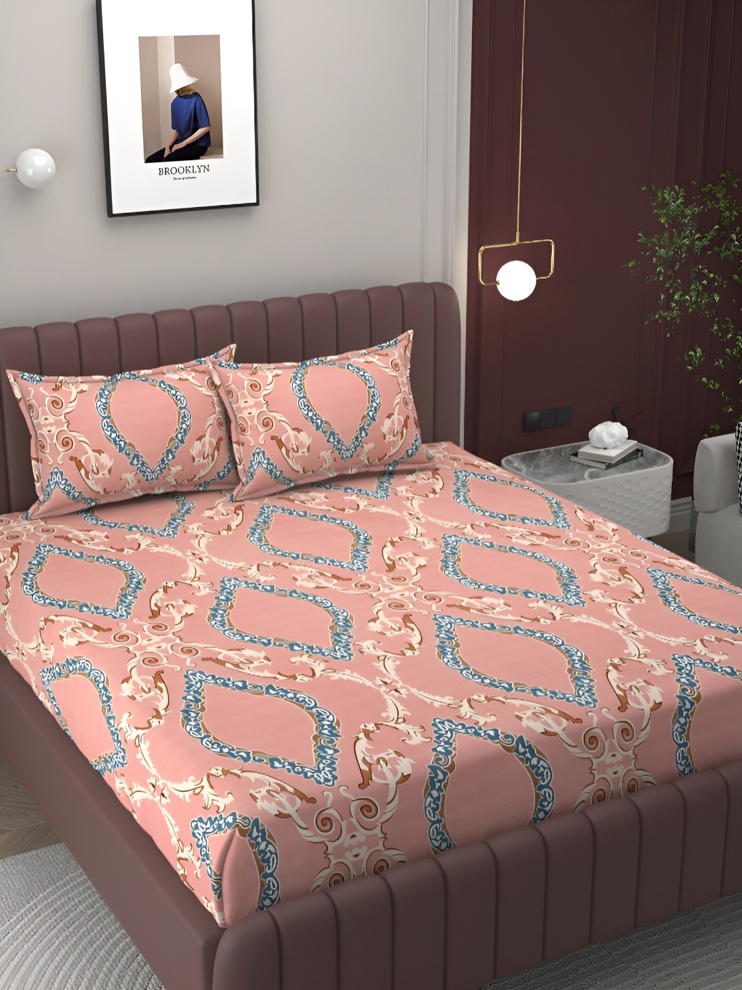 

BELVOSTUM Pink & Blue Floral Cotton 250 TC King Double Bedsheet With 2 Pillow Covers