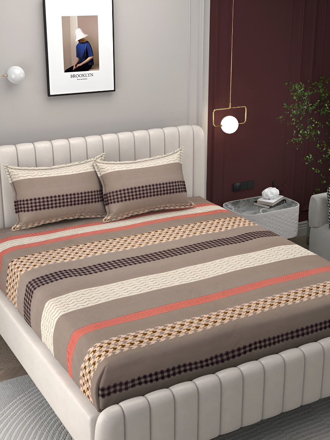 

BELVOSTUM Brown & Orange Striped Cotton 250 TC King Double Bedsheet With 2 Pillow Covers