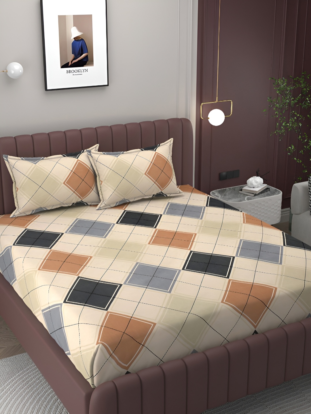 

BELVOSTUM Cream & Brown Geometric Cotton 250 TC King Double Bedsheet With 2 Pillow Covers