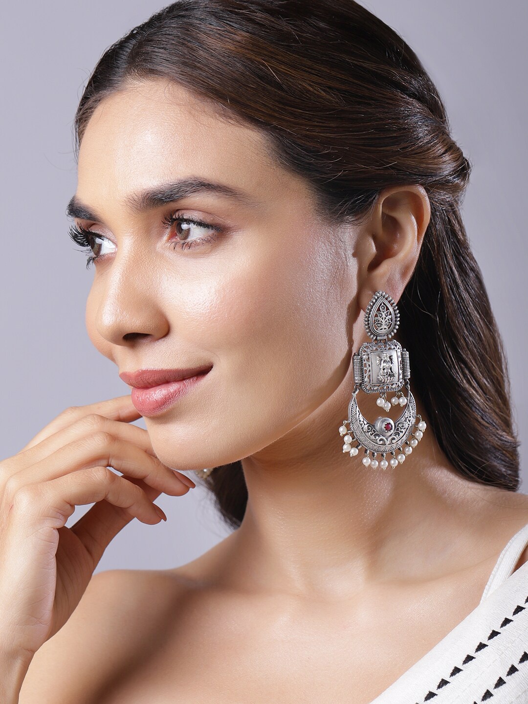 

Rubans Women Oxidised Rhodium Plated White Pearls & Devine Laxmi Chandelier Earrings, Silver