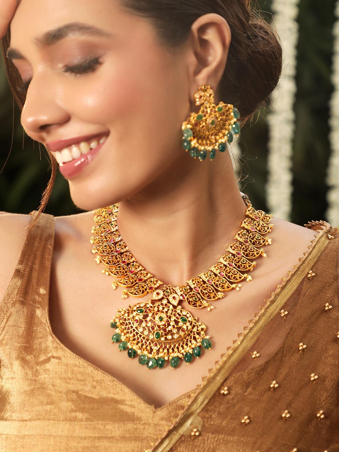 

Rubans Women 22K Gold Plated Ruby Stone Studded Green Beads Jewellery Set