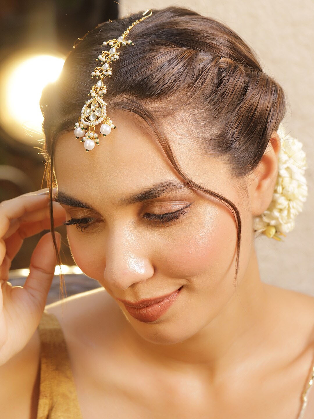 

Rubans 22K Gold Plated Kundan & Pearl Studded Maang Tikka Traditional and Elegant Jewelry