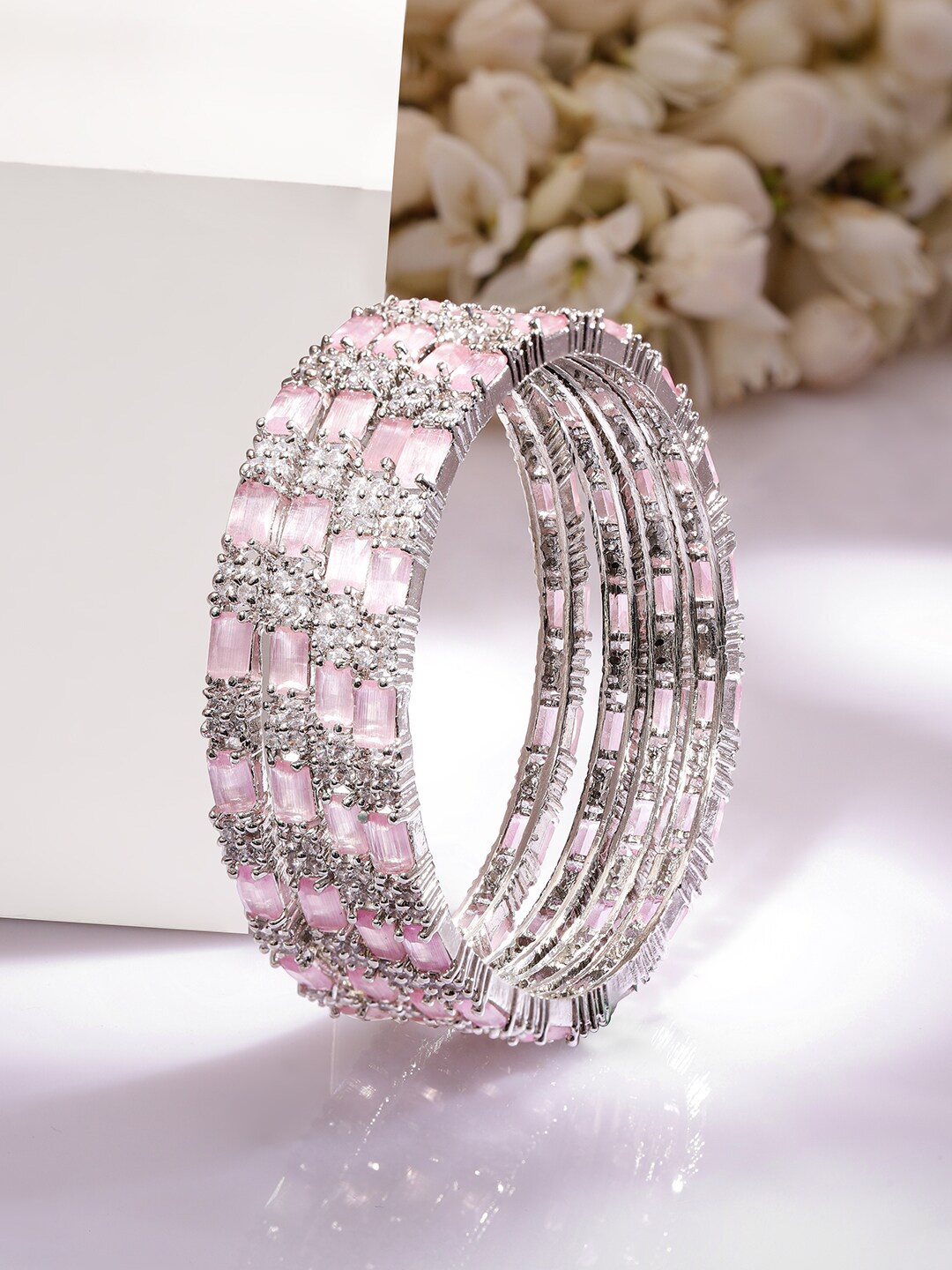 

Rubans Rhodium Plated Pink Crystal Stone Studded Set of 4 Bangles AD, Silver