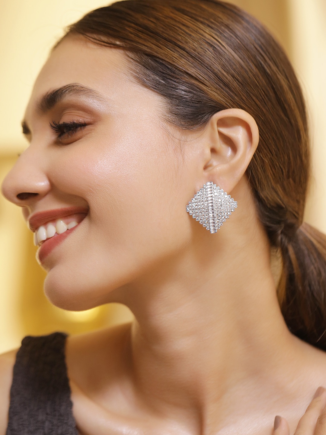 

Rubans Women Rhodium Plated CZ Stone Studded Diamond Shape Stud Earrings, Silver