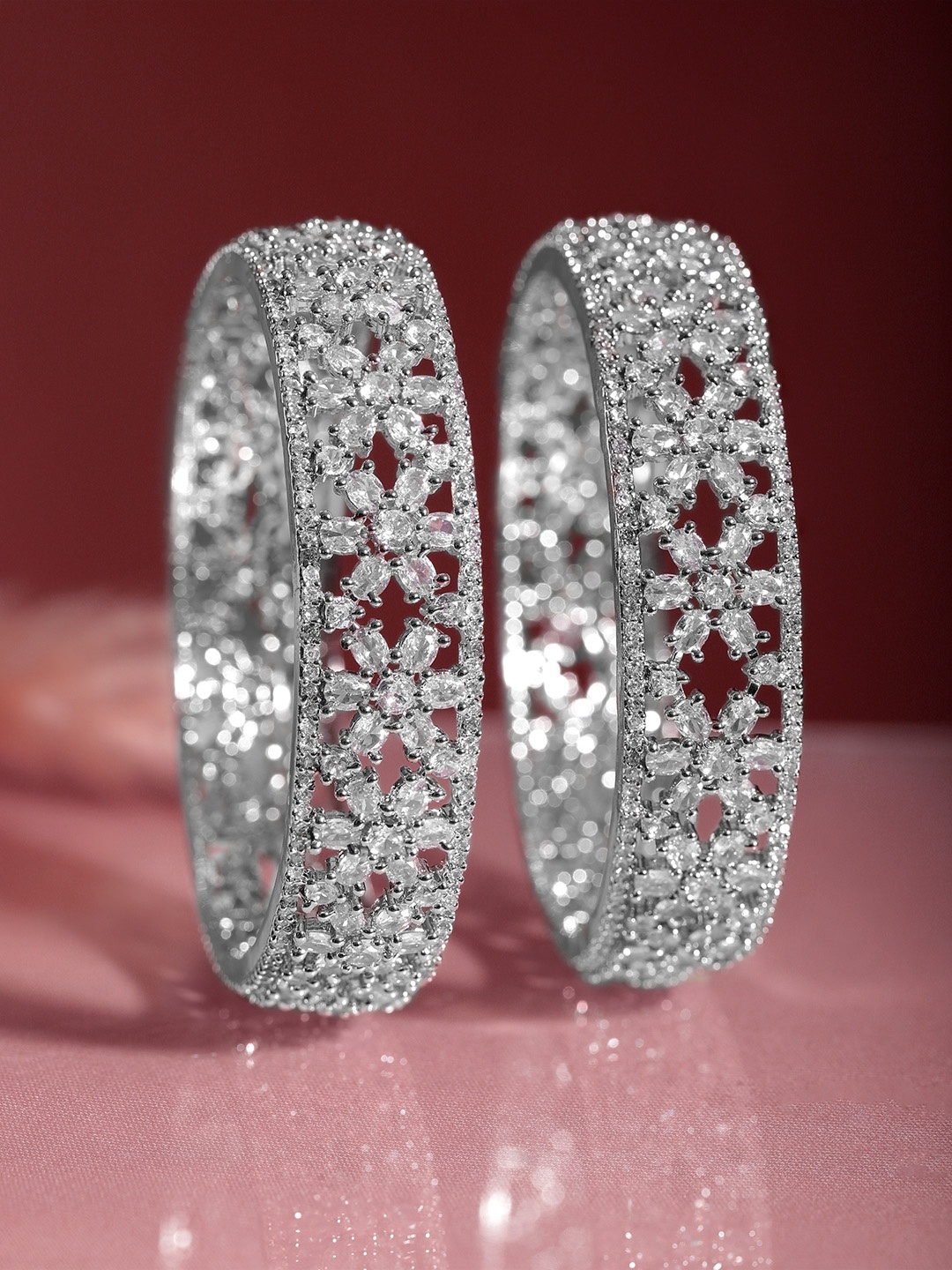 

Rubans Premium Quality Rhodium Plated Crystal Zirconia Studded Bangles Set of 2, Silver