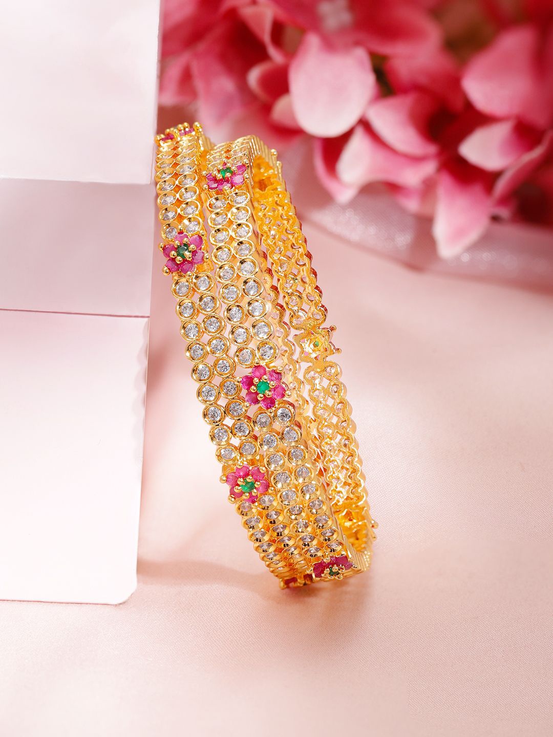 

Rubans 22K Gold Plated Pink Green and White Kundan Studded Handcrafted Bangles Set of 2