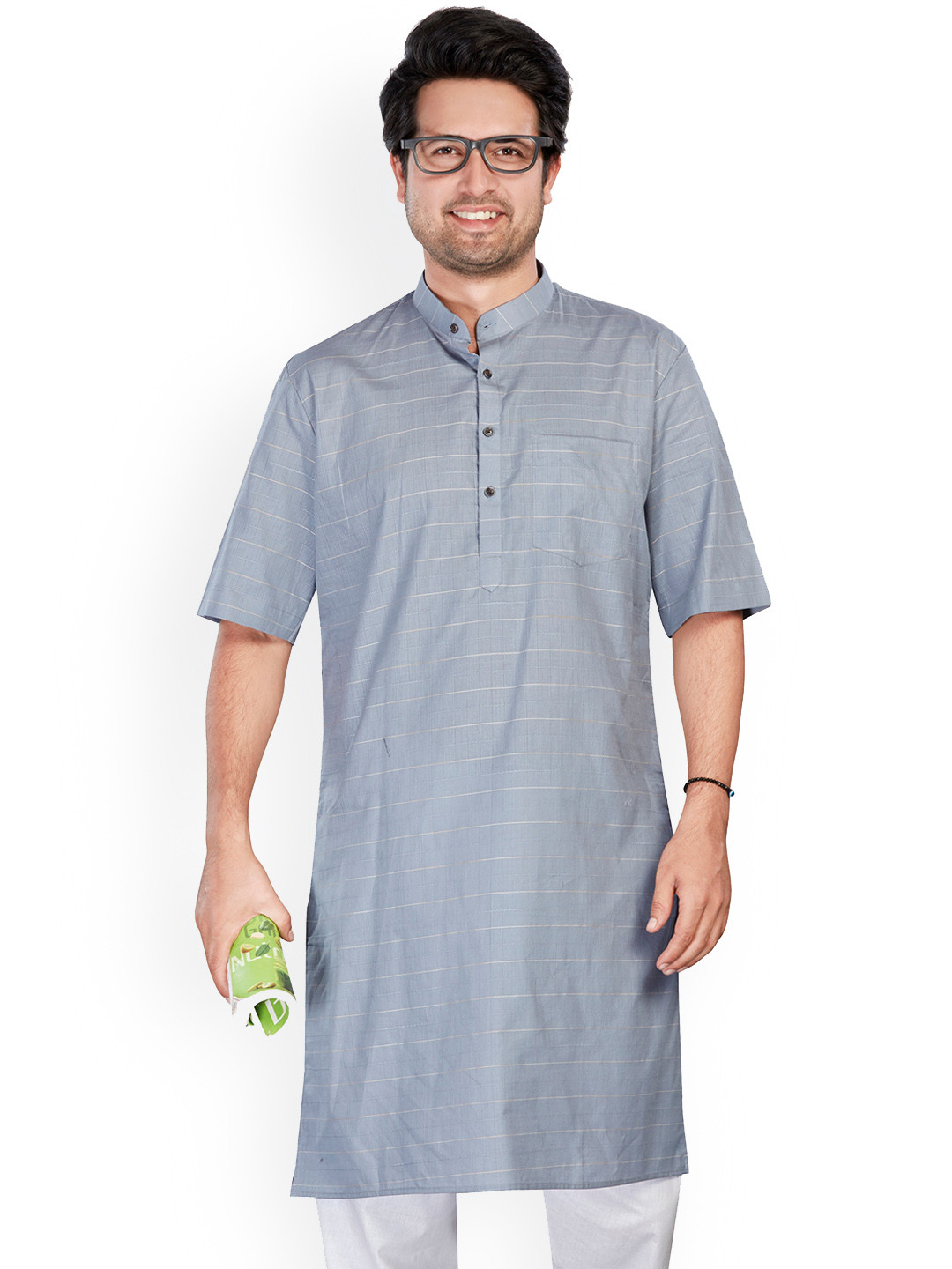 

Authentics Striped Thread Work Pure Cotton Straight Kurta, Grey
