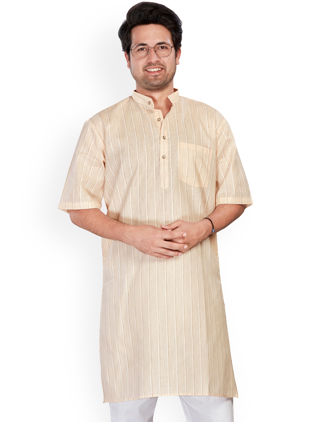 

Authentics Vertical Striped Mandarin Collar Half Sleeves Thread Work Kurta, Peach