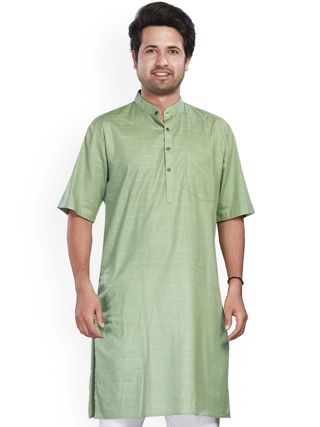 

Authentics Woven Design Mandarin Collar Pure Cotton Kurta, Green