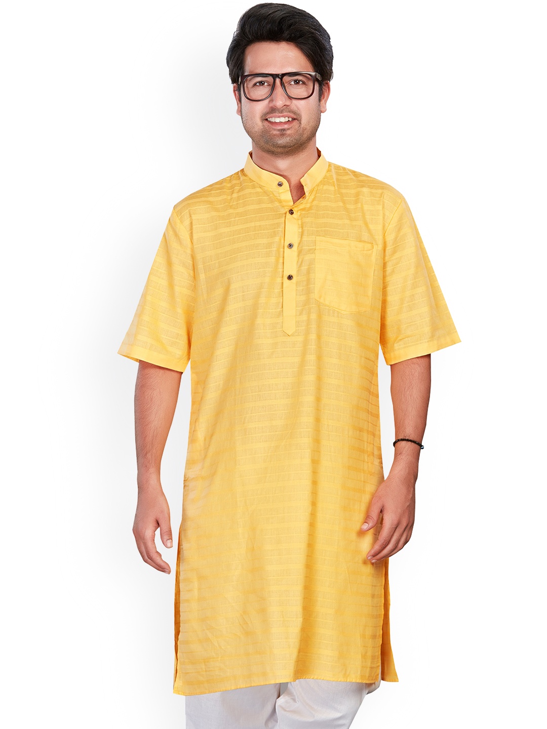 

Authentics Woven Design Mandarin Collar Pure Cotton Kurta, Yellow