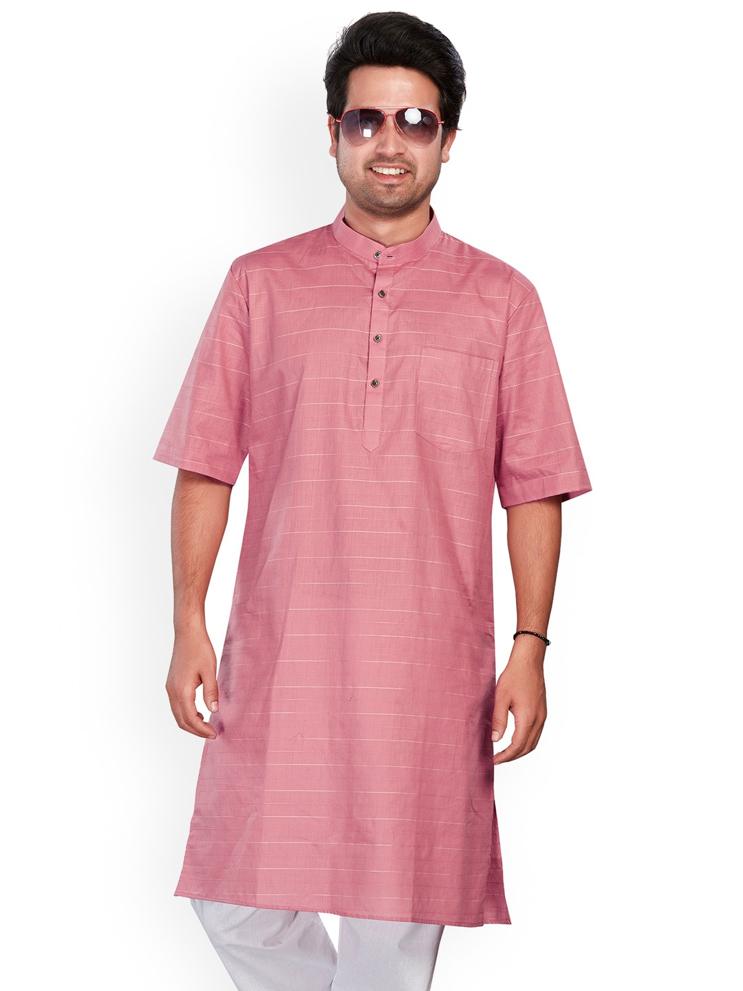 

Authentics Striped Mandarin Collar Pure Cotton Kurta, Pink