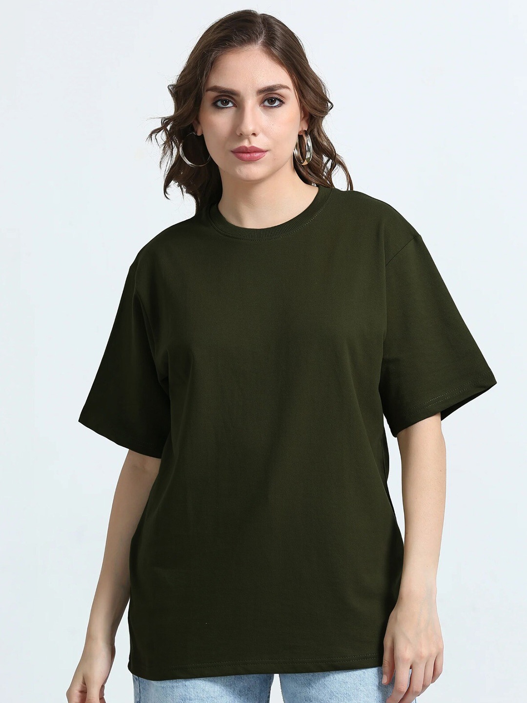 

MISCHIEF MONKEY Round Neck Drop-Shoulder Sleeves Cotton Oversized T-shirt, Olive