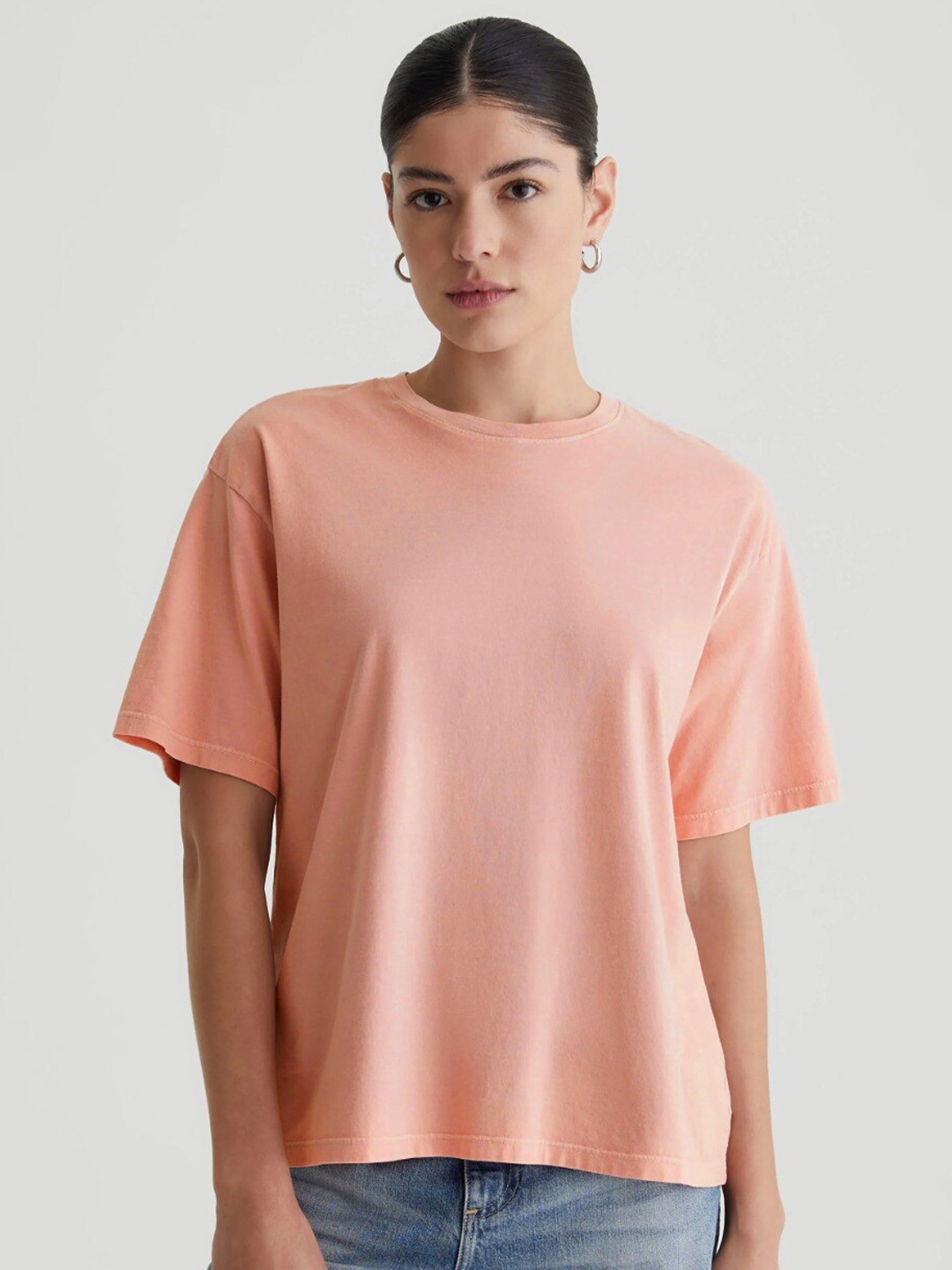 

MISCHIEF MONKEY Round Neck Cotton Oversized T-shirt, Peach