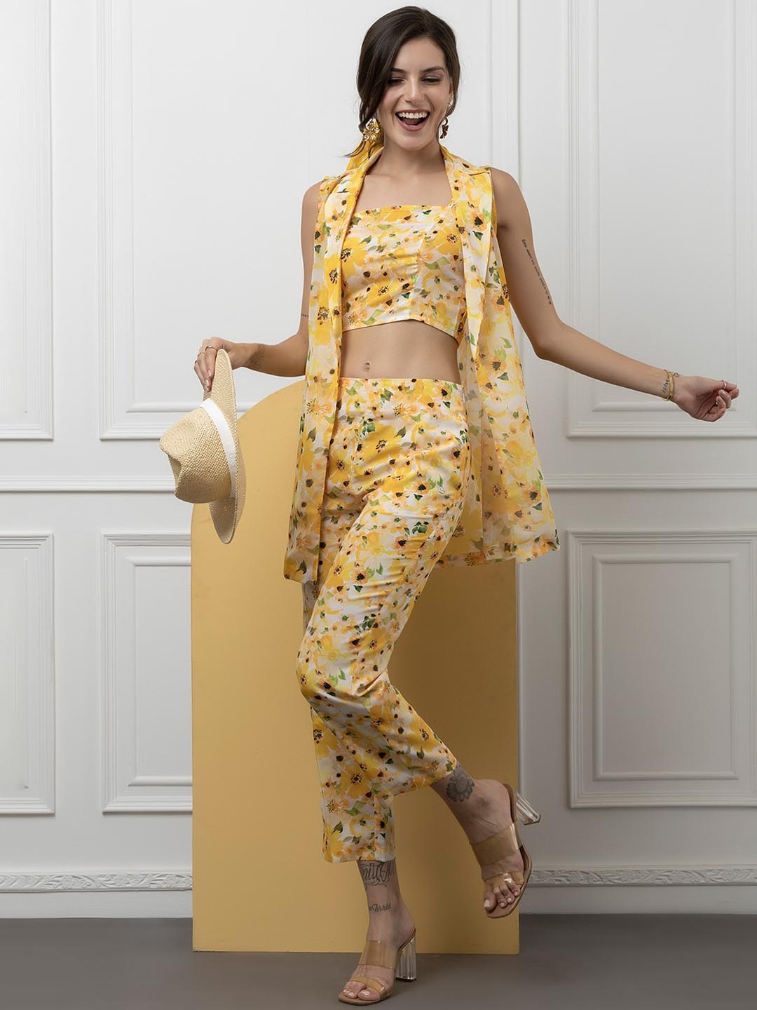 

Beatnik Floral Printed Shoulder Straps Top & Flared Trousers & Shrug, Yellow