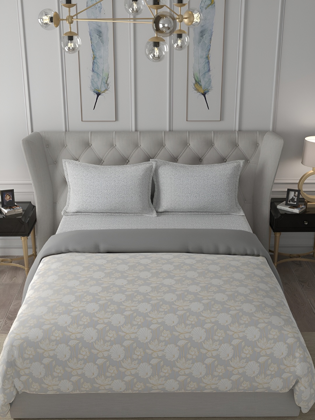 

MASPAR Yellow & Grey Floral Printed Cotton 110 GSM Single Bed Quilt