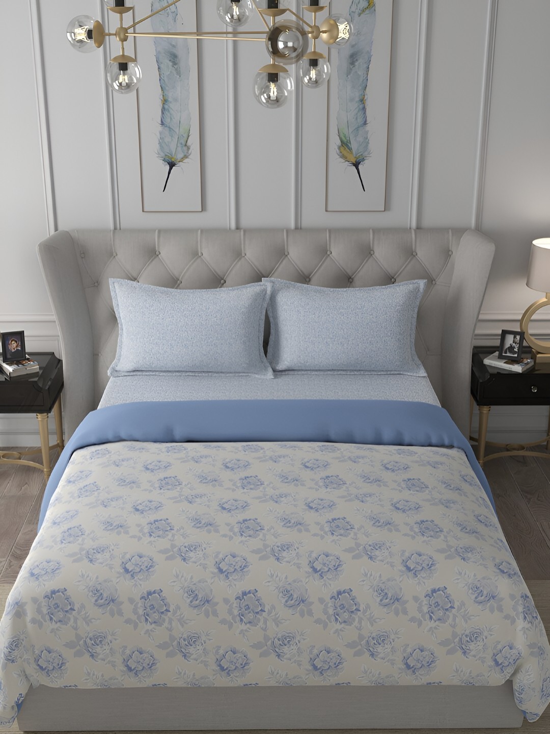 

MASPAR Blue & White Floral Printed Cotton 110 GSM Single Quilt