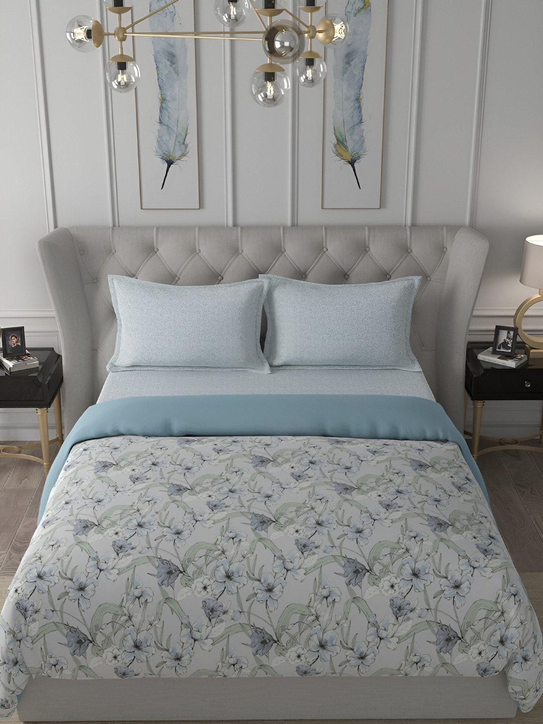 

MASPAR Blue & Green Floral Printed 110 GSM Cotton Single Bed Quilt