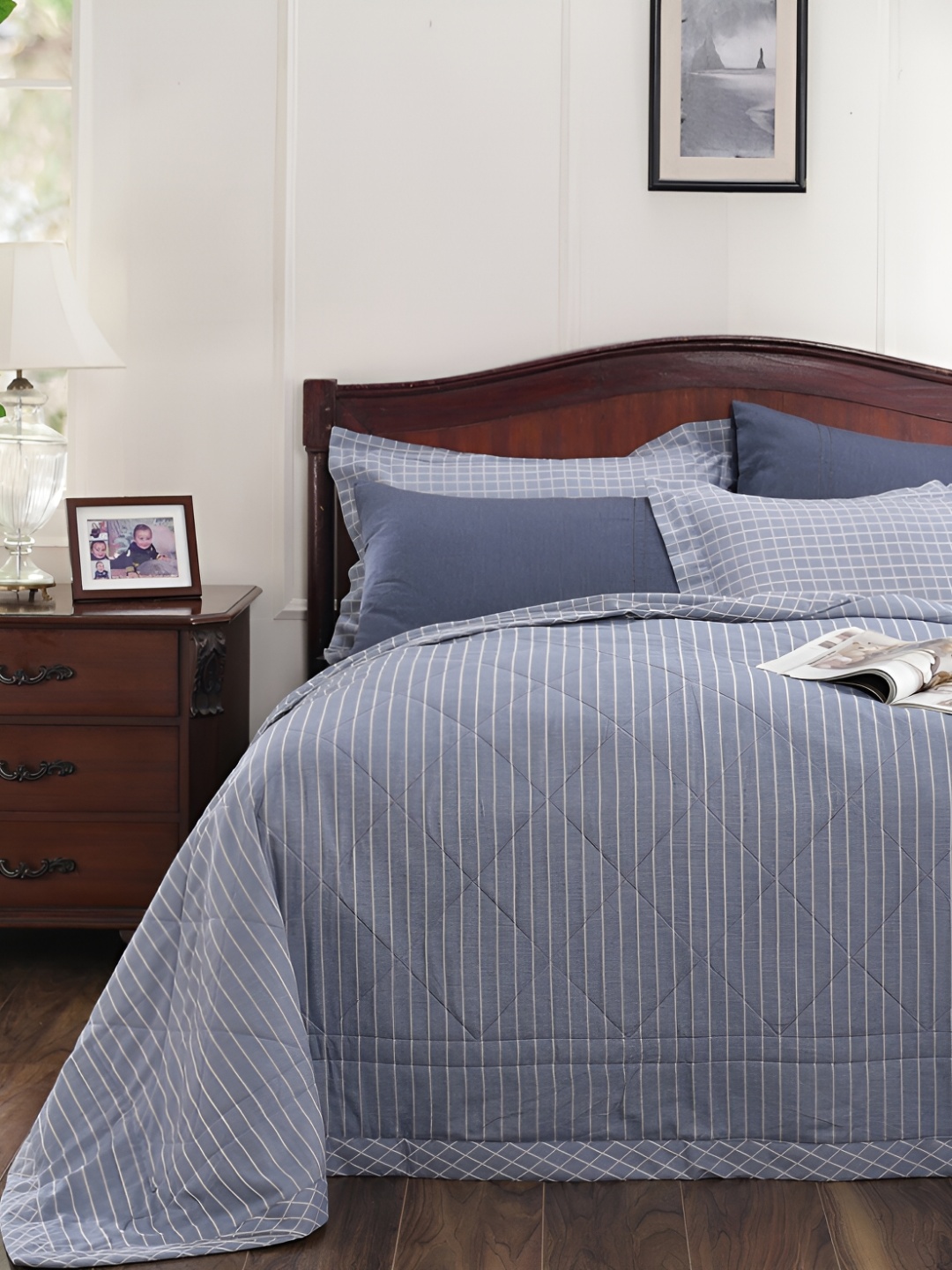 

MASPAR Blue & White Striped 120 GSM Cotton Single Bed Quilt