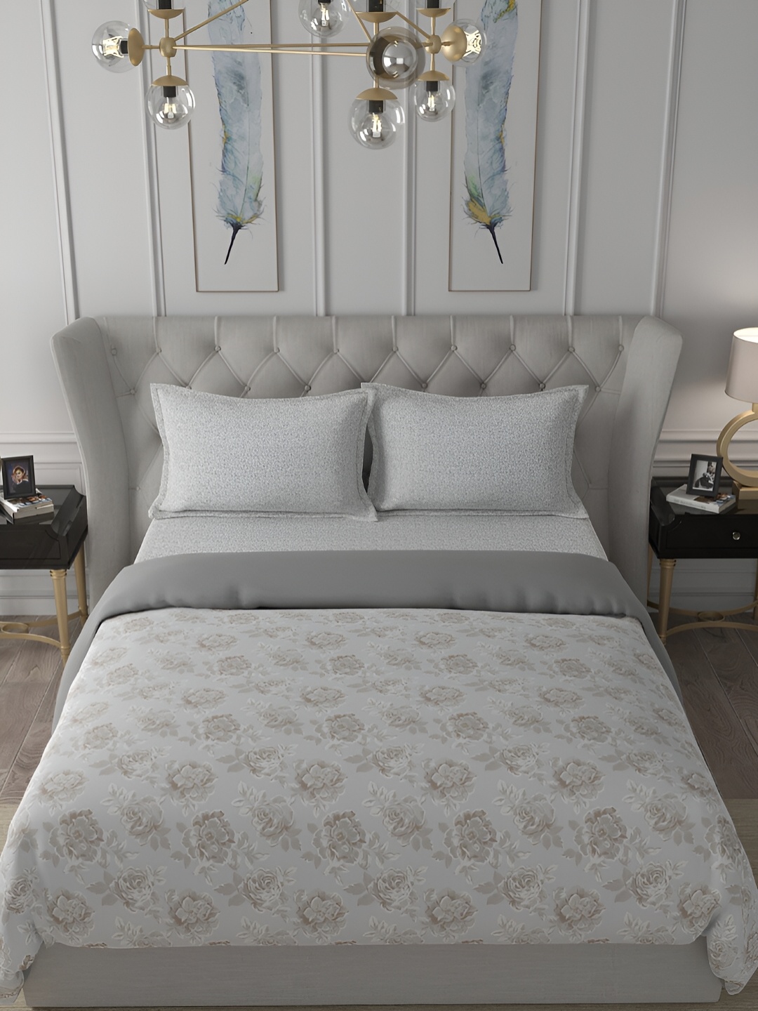 

MASPAR Grey & Beige Floral Printed 110 GSM Cotton Single Bed Quilt