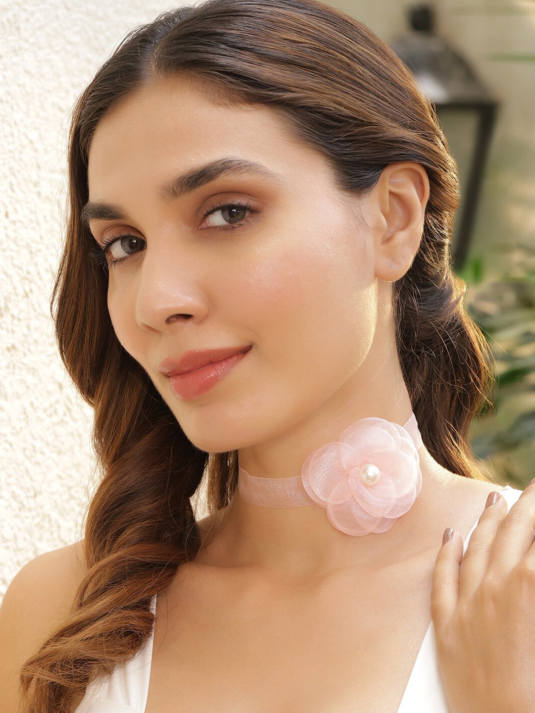 

Rubans Voguish Pink Pearl Pendant Floral Choker Necklace