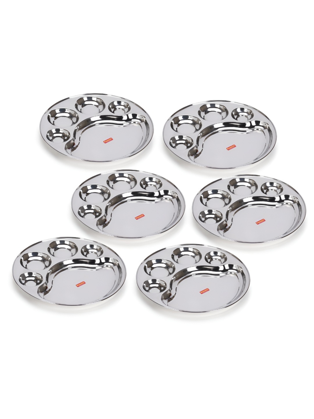 

Sumeet 6 Pcs Round Stainless Steel 5-in-1 Compartment Dinner Plates
