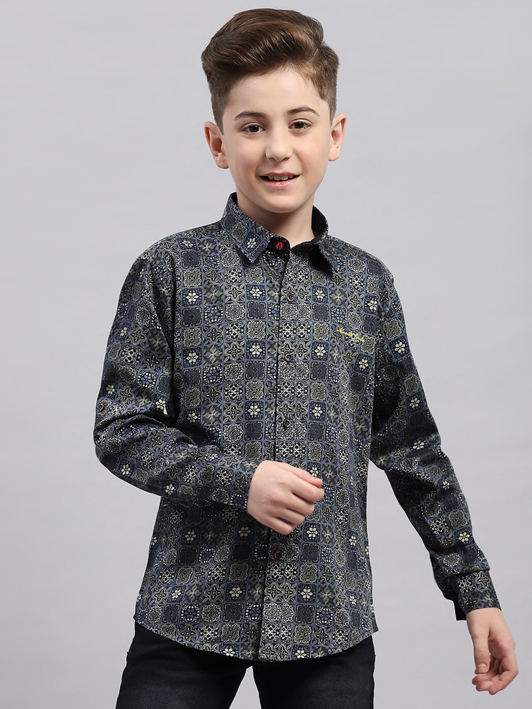 

Monte Carlo Boys Ethnic Motifs Printed Cotton Casual Shirt, Black