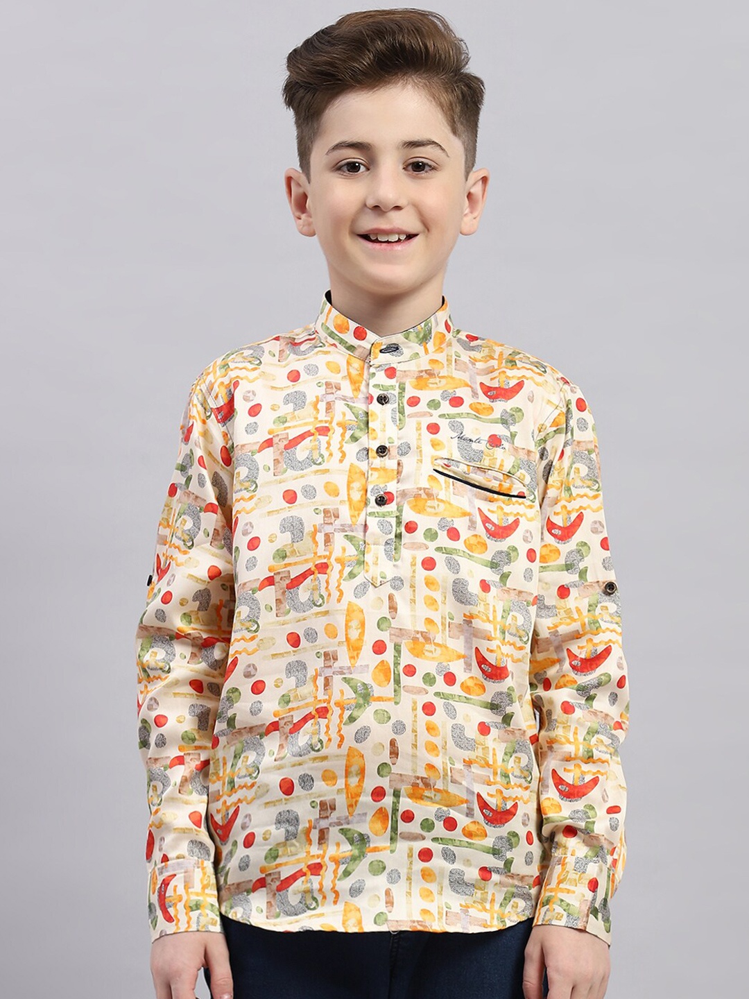 

Monte Carlo Boys Floral Printed Band Collar Long Sleeves Cotton Casual Shirt, Orange