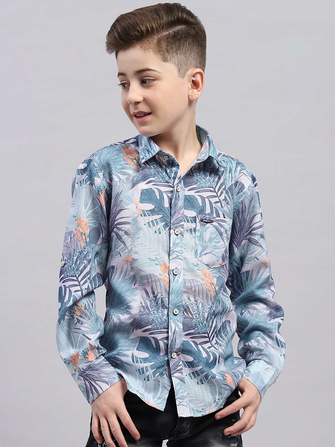 

Monte Carlo Boys Floral Printed Cotton Casual Shirt, Grey