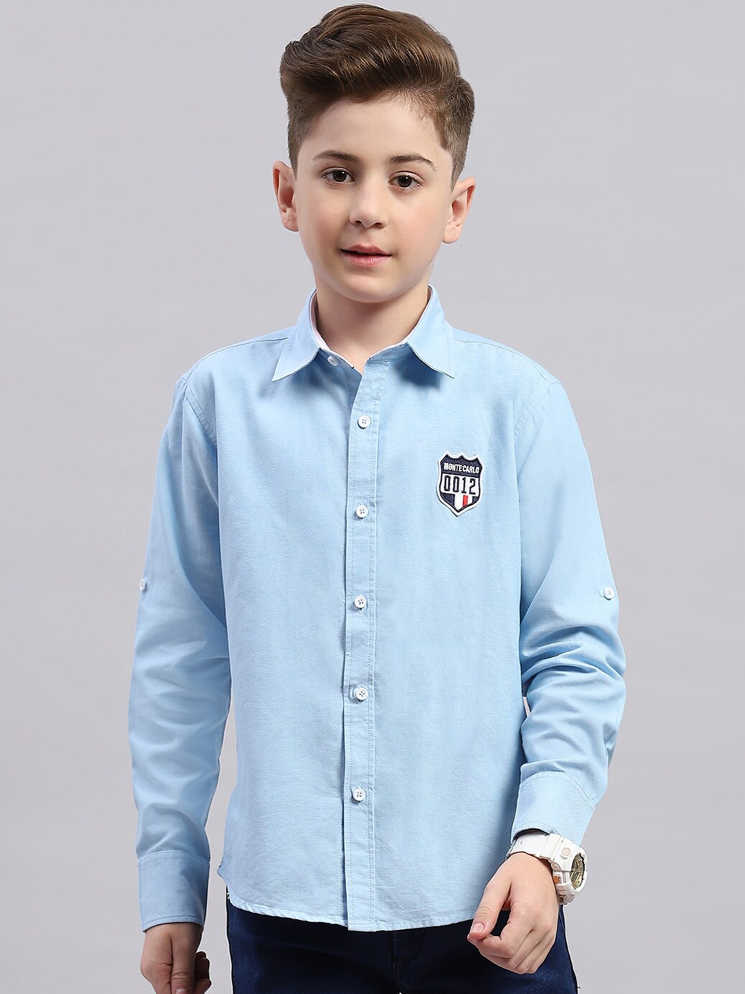 

Monte Carlo Boys Spread Collar Roll Up Sleeves Cotton Casual Shirt, Blue