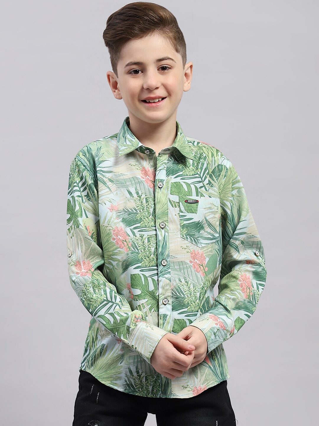 

Monte Carlo Boys Floral Printed Spread Collar Long Sleeves Cotton Casual Shirt, Green