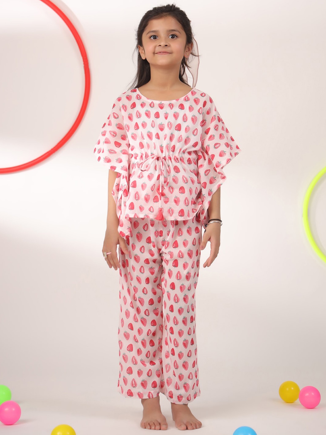 

SANSKRUTIHOMES Girls Conversational Printed Pure Cotton Kaftan With Pyjamas, Off white