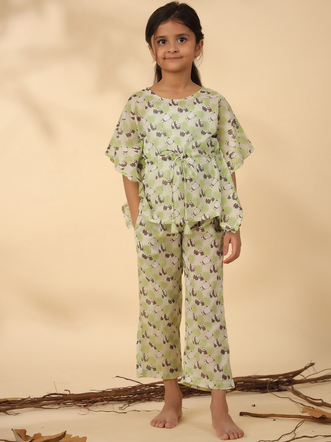 

SANSKRUTIHOMES Girls Conversational Printed Pure Cotton Kaftan With Pyjamas, Off white