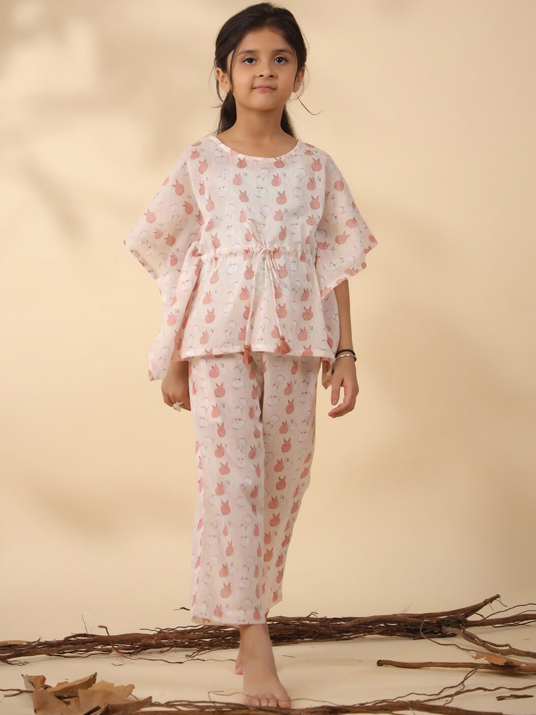 

SANSKRUTIHOMES Girls Conversational Printed Pure Cotton Kaftan With Pyjamas, Off white