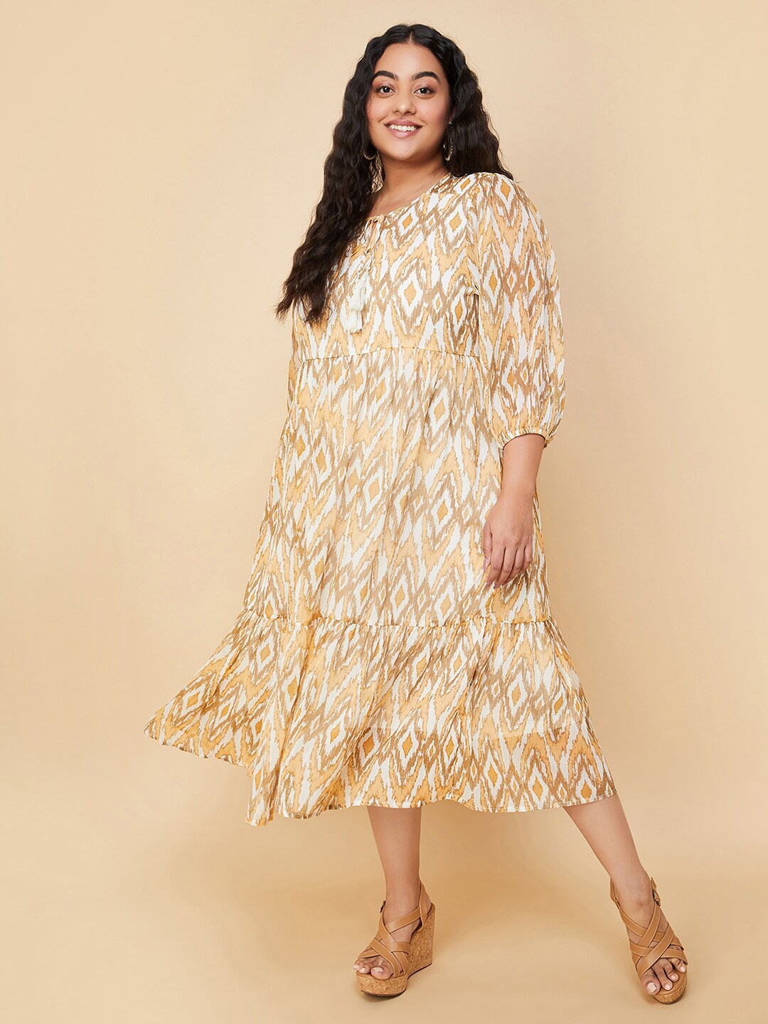 

max Plus Size Geometric Printed Tie-Up Neck Puff Sleeve Tiered A-Line Midi Dress, Beige