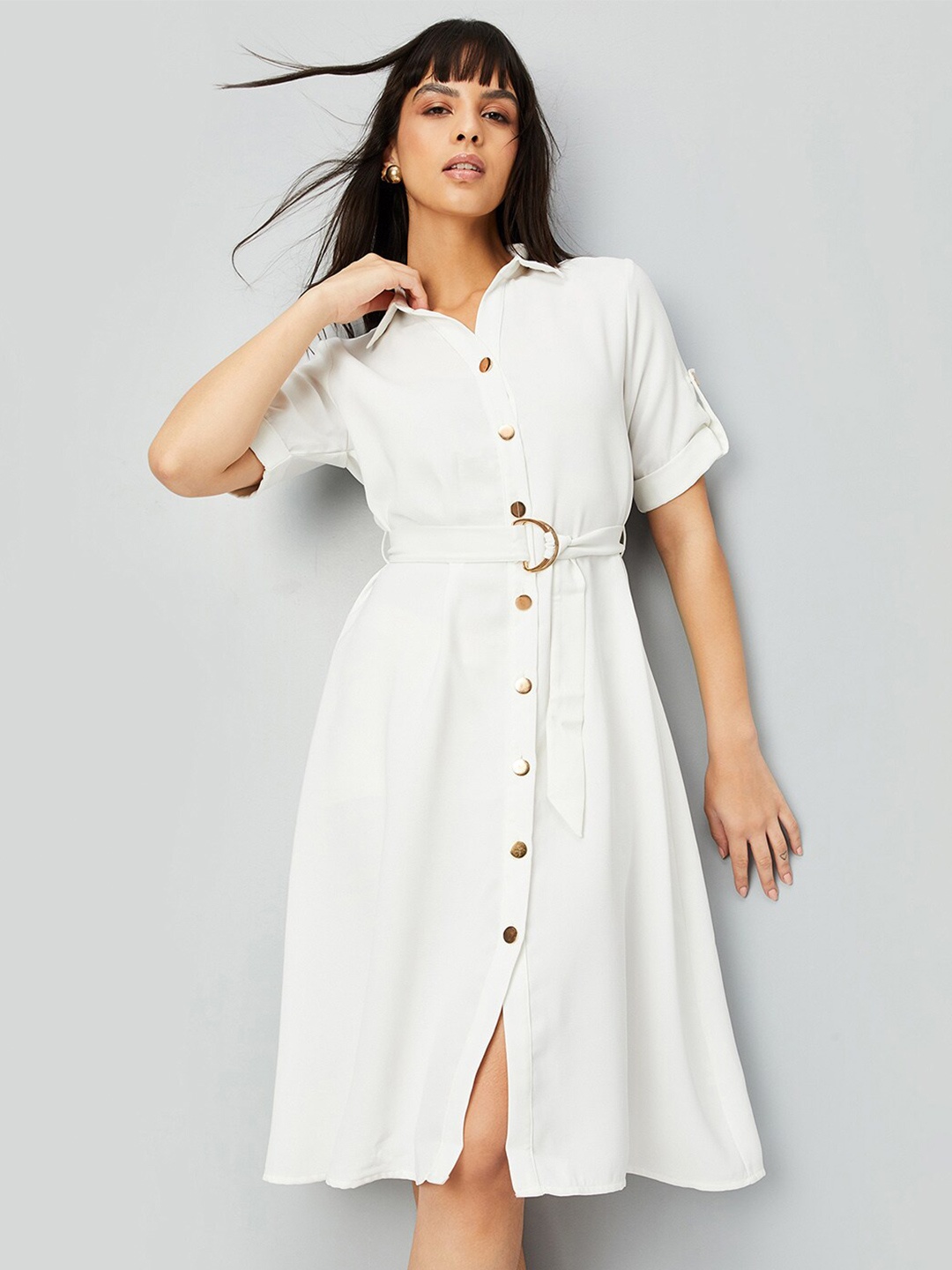 

max Roll-Up Sleeves Shirt Dress, White