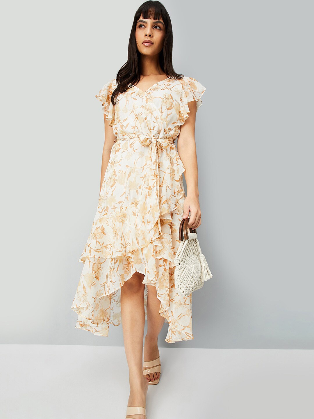 

max Floral Printed Flutter Sleeve Fit & Flare Midi Dress, White