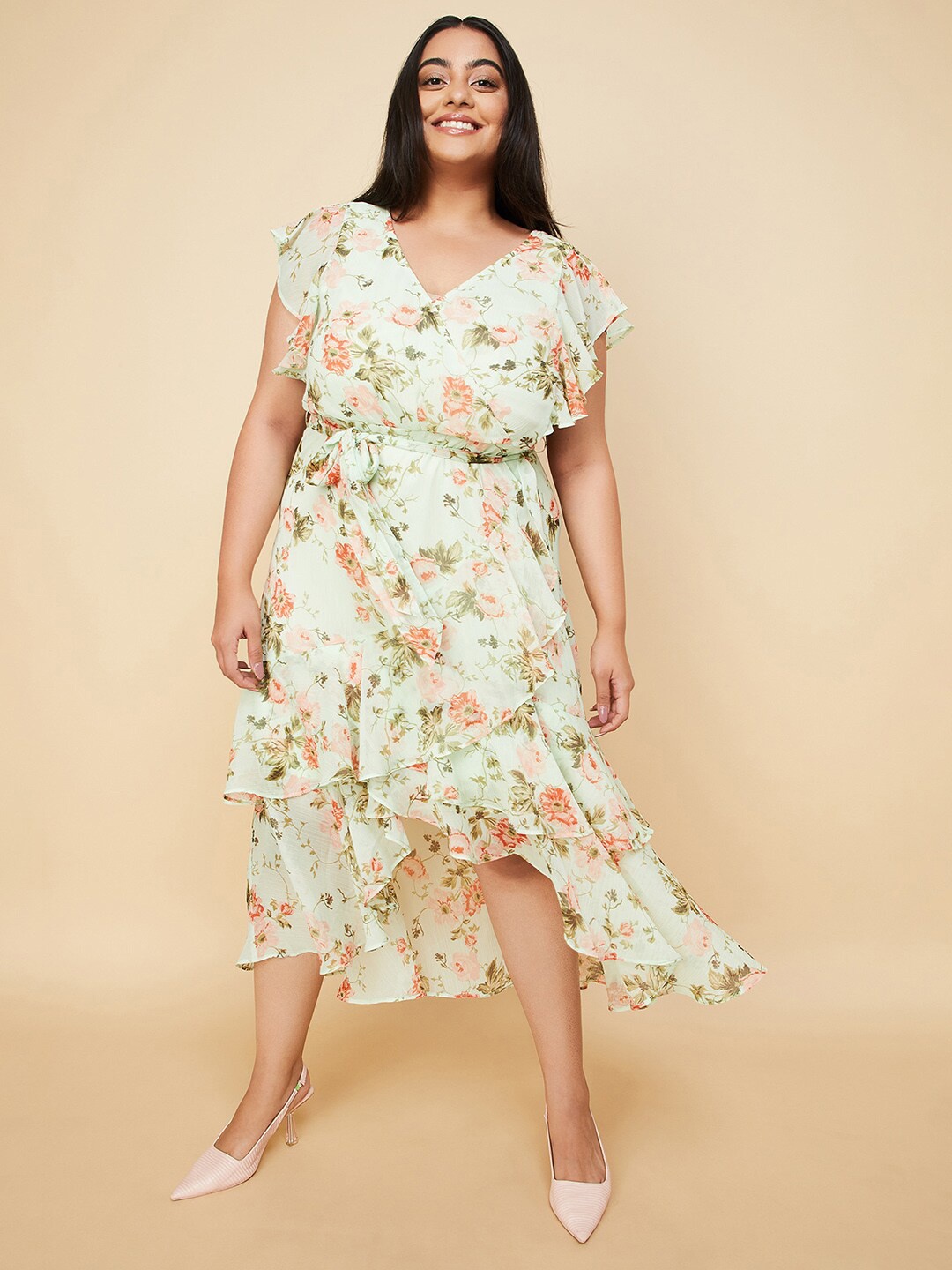 

max V Neck Floral Printed Flutter Sleeve Fit & Flare Midi Dress, Green