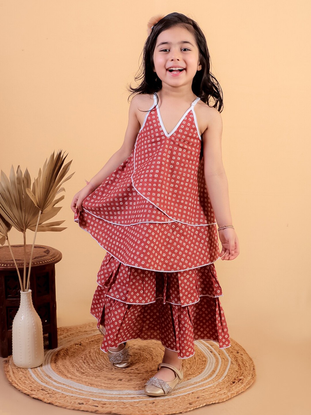 

JUNITOS Girls Printed Shoulder Straps Pure Cotton Top With Skirt, Red