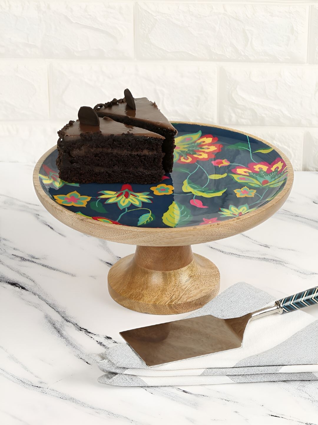 

India Circus by Krsnaa Mehta Navy Blue & Brown Cyanic Pop Printed Wooden Burst Cake Stand