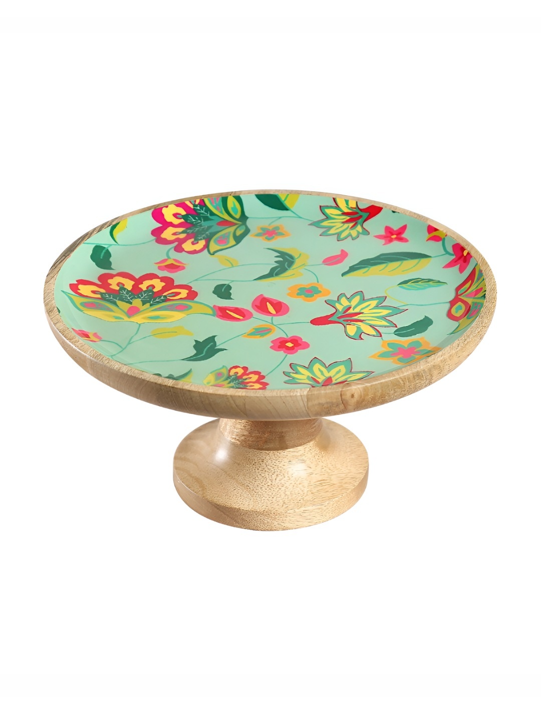 

India Circus by Krsnaa Mehta Green & Brown Floral Neon Cyanic Pop Burst Wooden Cake Stand