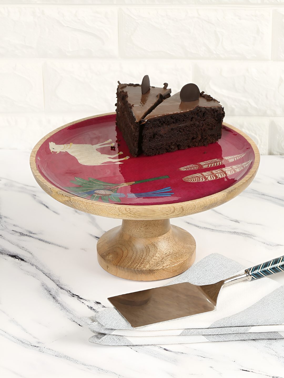 

India Circus by Krsnaa Mehta Maroon & Blue Printed Wood Cake Stand