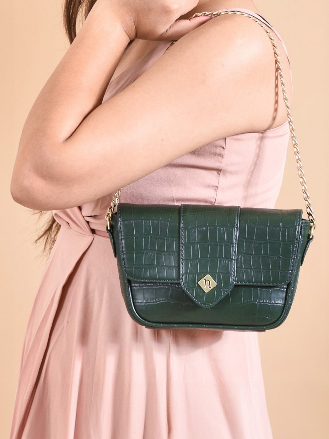 

Nestasia Animal Textured Structured Croco Shoulder Bag, Green