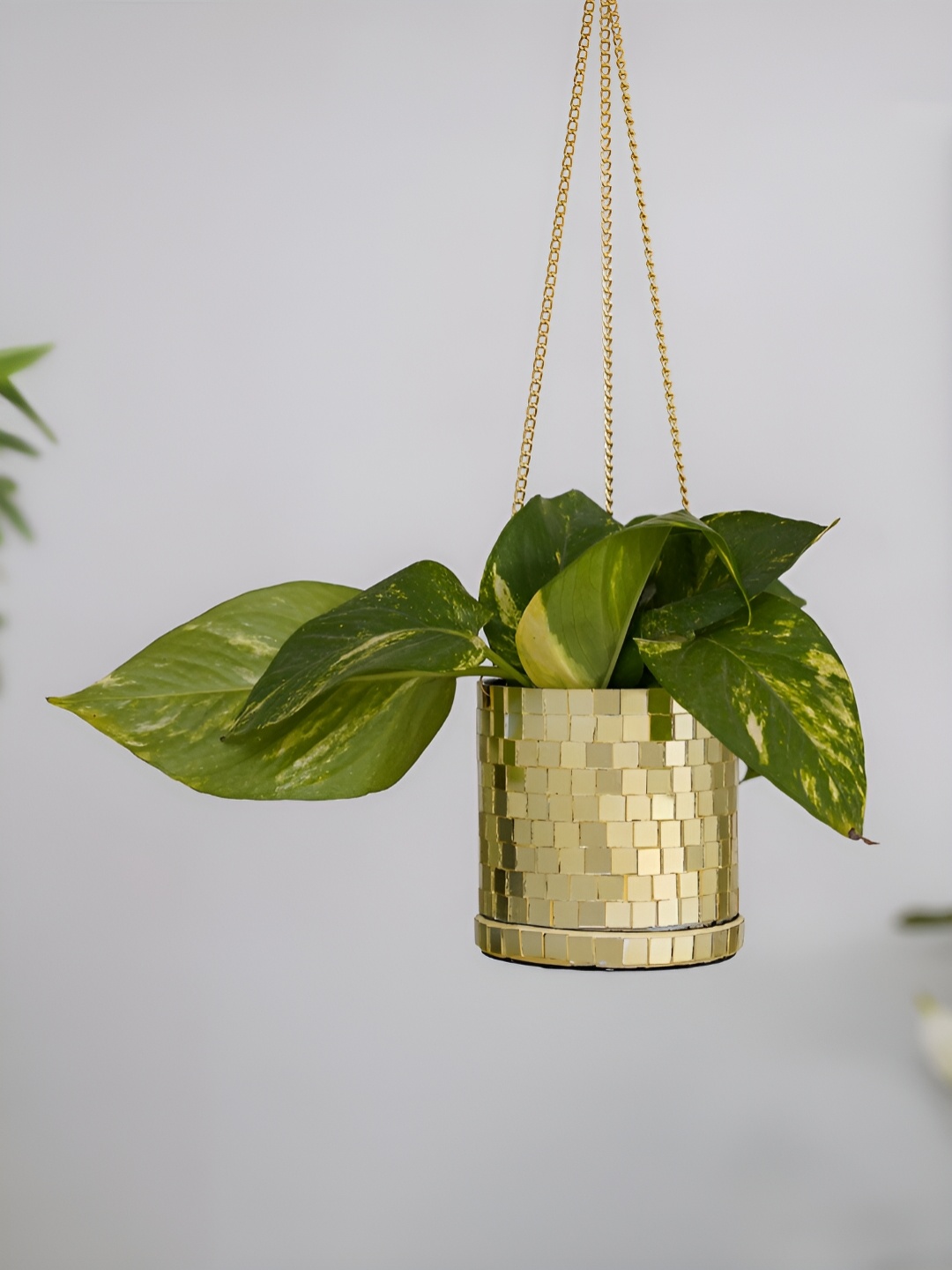 

DecorTwist Gold Toned Textured Metal Planter With Chain